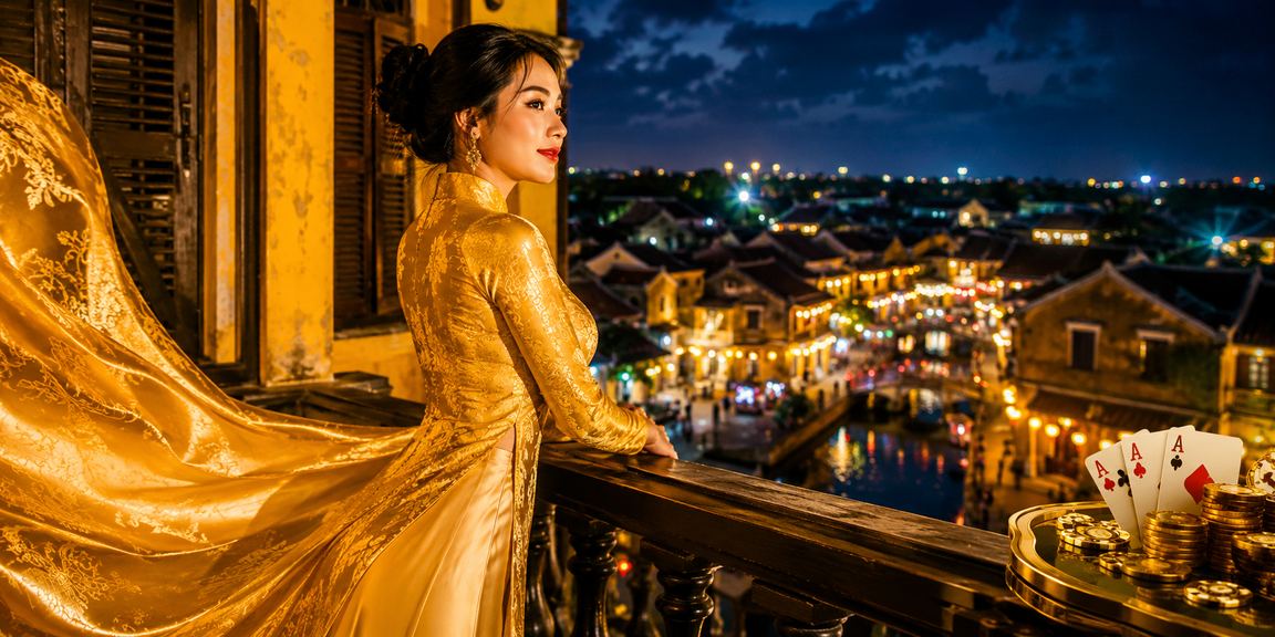Người chơi bài trong trang phục áo dài tại không gian truyền thống Hội An